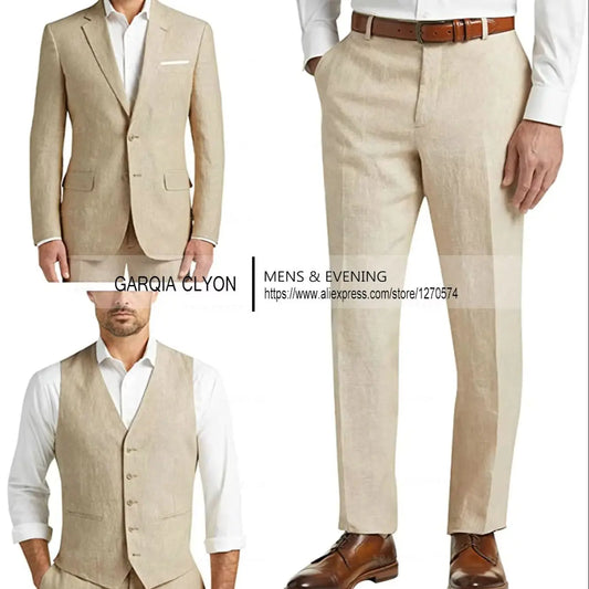 Summer Linen Suit Men Casual Party Classic Blazer Pants 3 Pieces Holiday Travel Tailor-made Breathable Cool Male Outfits