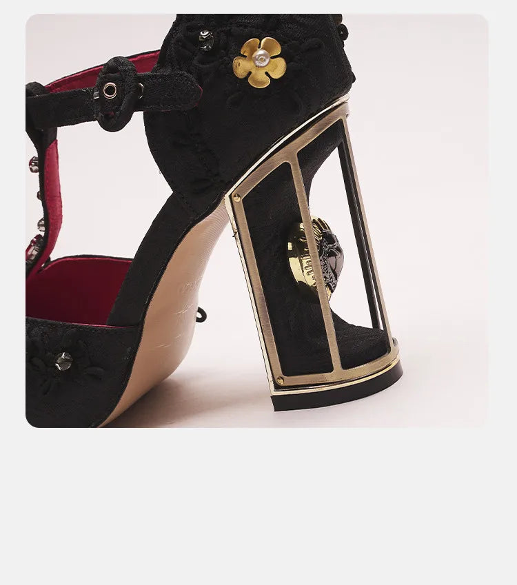 Light Blue Silk Women T-strap Pumps Platform Metal Flowers Decor Wine Red Wedding Shoes 10cm Fretwork High Heels Chaussure Femme