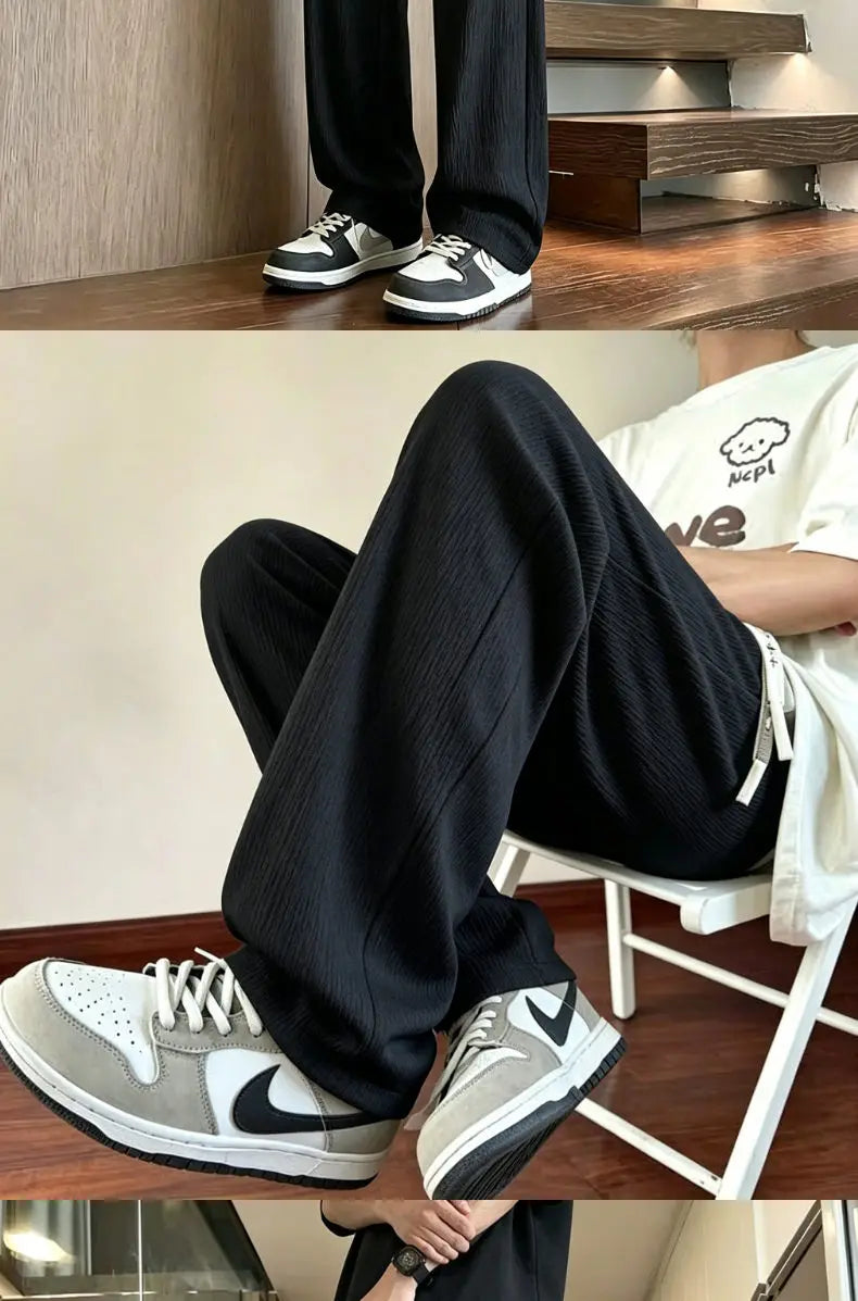 New Mens Wide Leg Pants Summer Loose Textured Casual Trousers Baggy Straight Relaxed Fit Streetwear Comfortable Pants