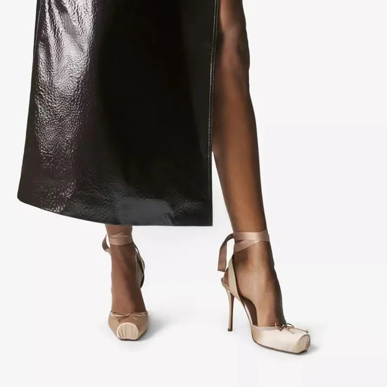 2025 Spring New Square-Toe High Heels Bow Knot Peep-Toe Platform Sandals for Women, Sexy Evening Party Club Wedding Shoes