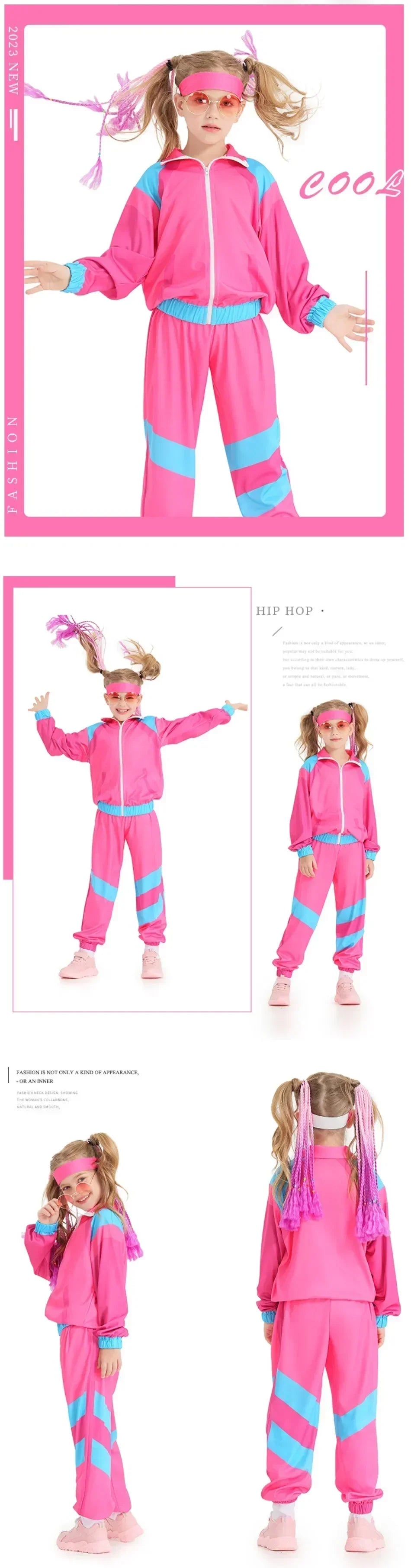 Kids Boys and Girls 80s 90s Sportswear Suit Retro Disco Hip Hop Costume Fashion Patchwork Long Sleeve Zipper Coat Trousers Suit