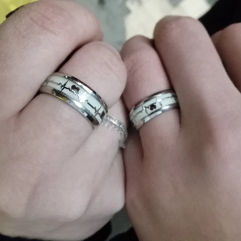 Fashion Love Heart Luminous Finger Ring ECG Stainless Steel Glowing In Dark Music Dragon Couple Rings for Boy Girls Wedding Gift