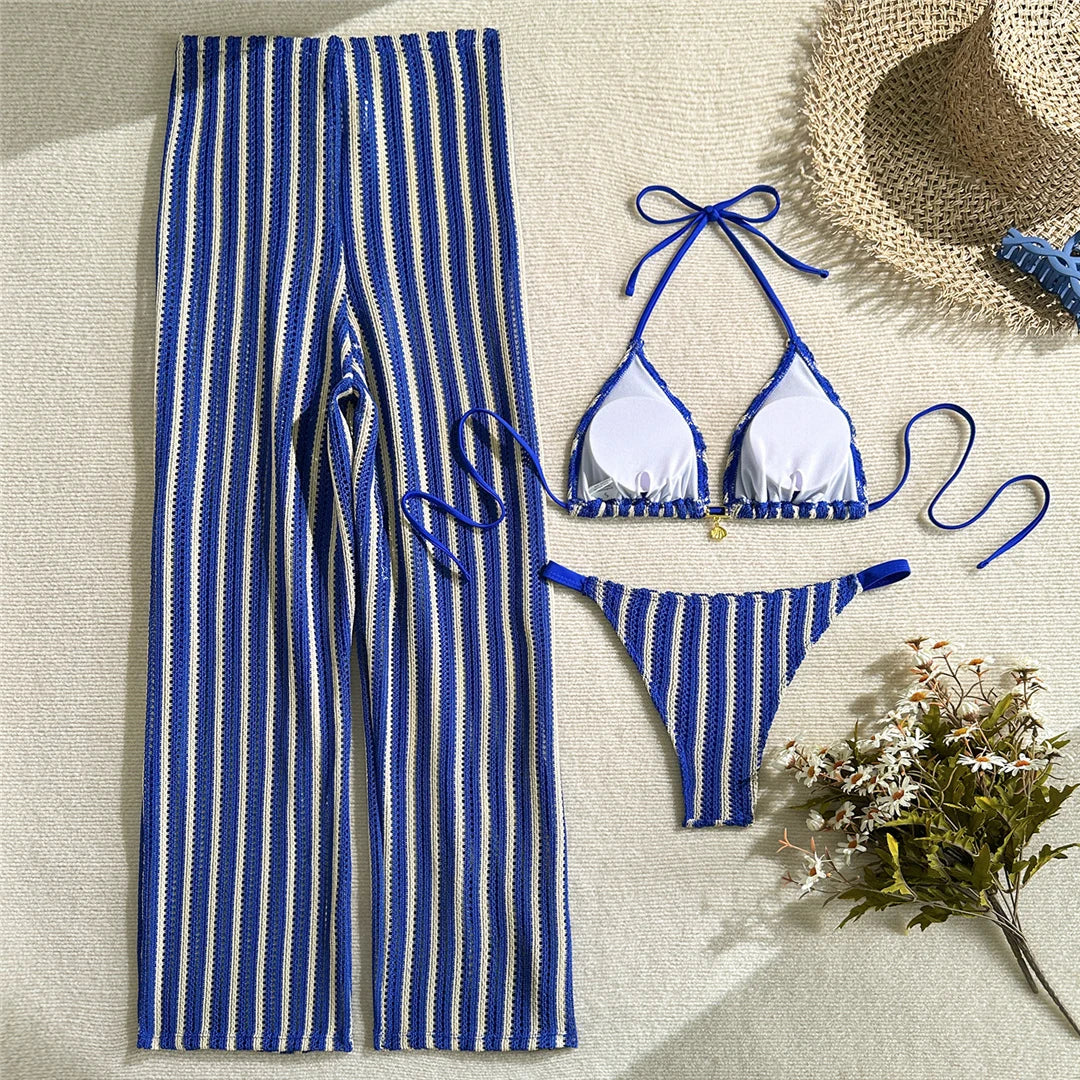 With Pants Striped Halter Bikini Female Swimsuit Women Swimwear Three-pieces Bikini set Brazilian Bather Bathing Suit Swim