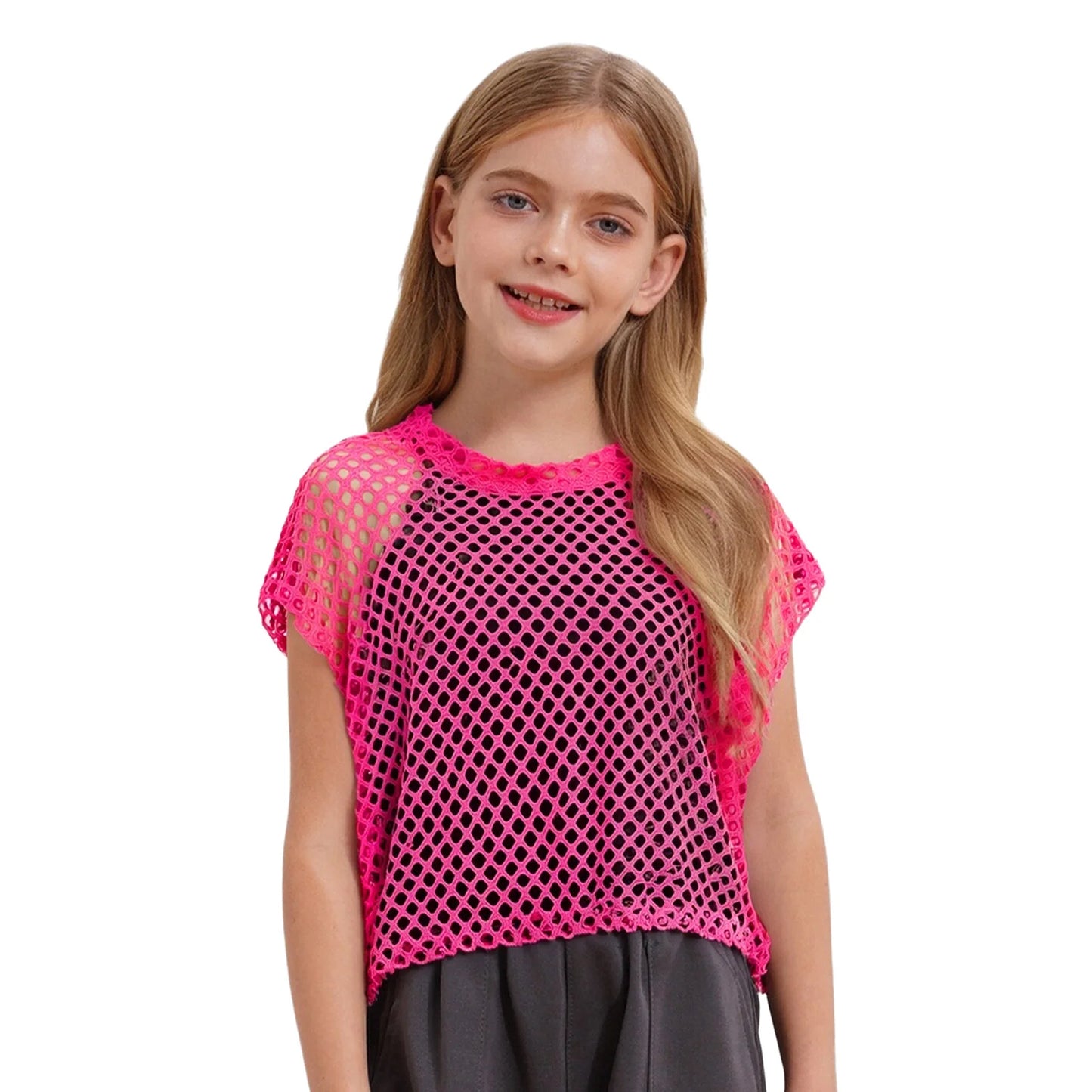 Kids Girls Fishnet Crop Tops T-shirt Casual Summer Short Sleeve See-Through Mesh T Shirt Female Hip-Hop Street Dance Clothing