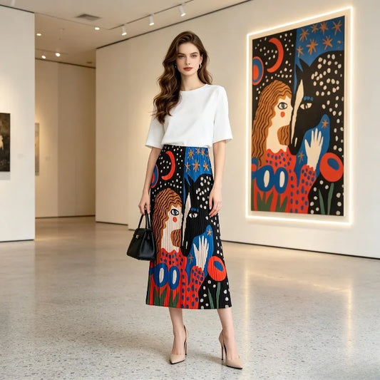 Miyake Pleated Original Skirt Elastic Waist Pleated Design Print Women's Fashion 2026 Summer New Mid-Length Skirt Casual Pleat