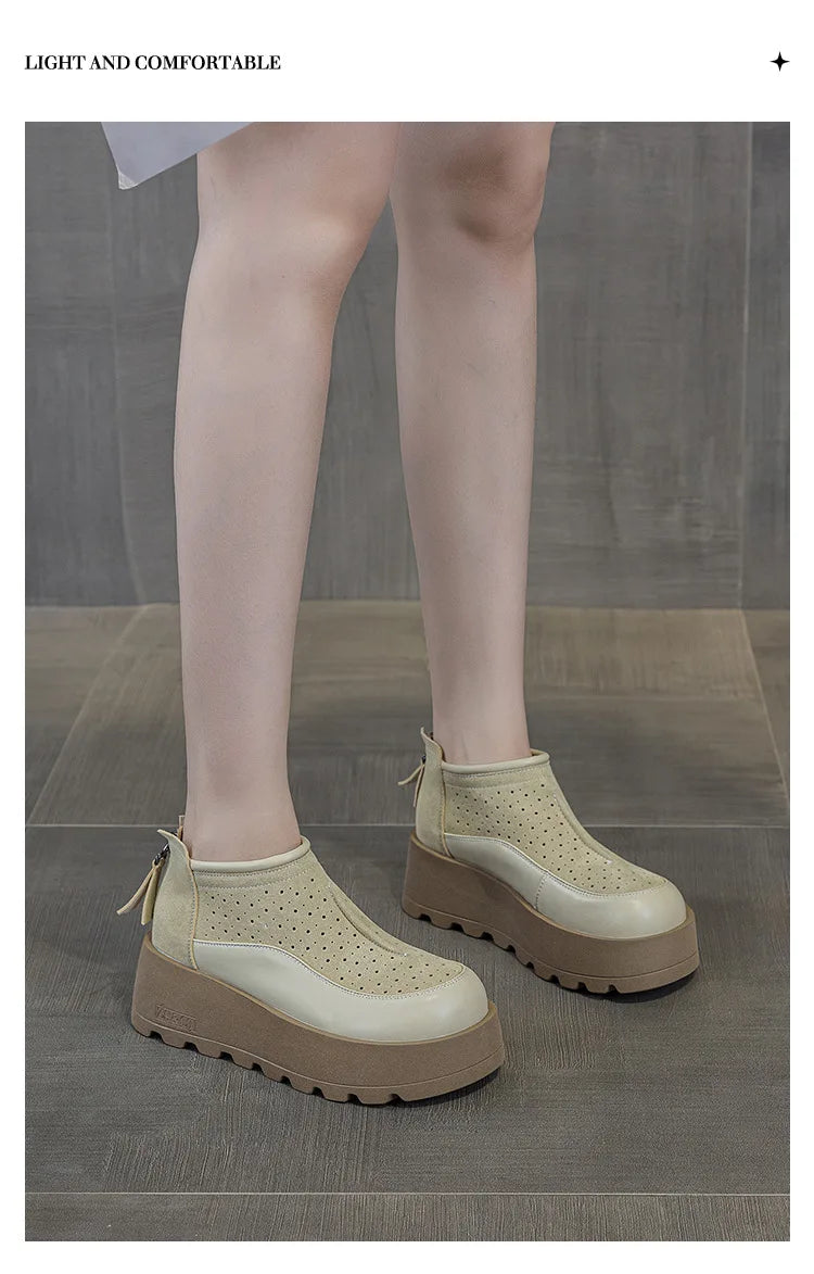 Fujin 6CM Suede Cow Genuine Leather Moccasins Women Platform Wedge Flats Women Shoes Ankle Booties Females ZIP Pumps Shoes