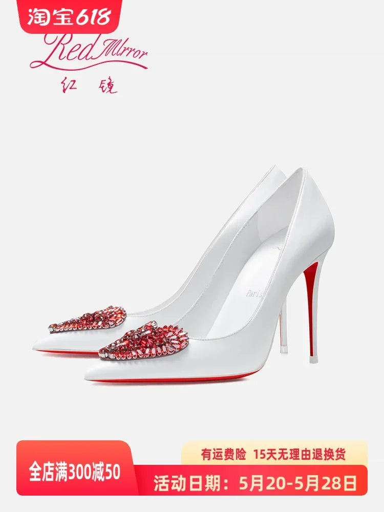 Red Bottom Love Water Diamond Shallow Mouth Pointed White High Heels, Women's Style Mingyuan Slim Heels