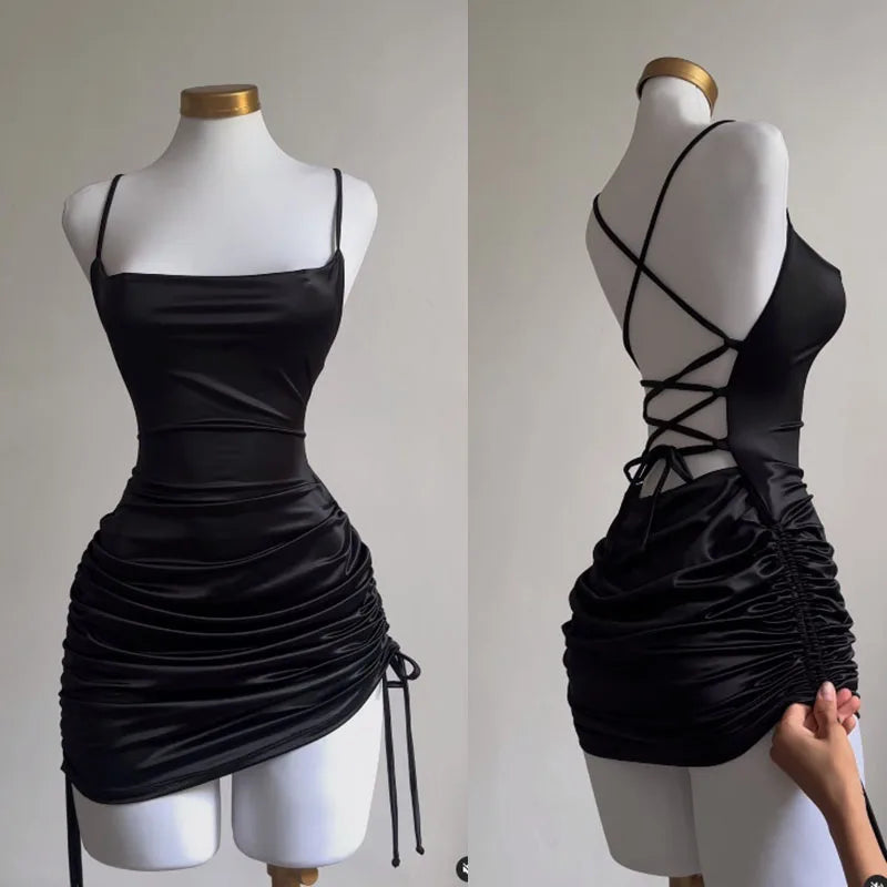 Sexy Sleeveless Backless Bodycon Mini Dress Women Lace Up Party Black Y2K 2025