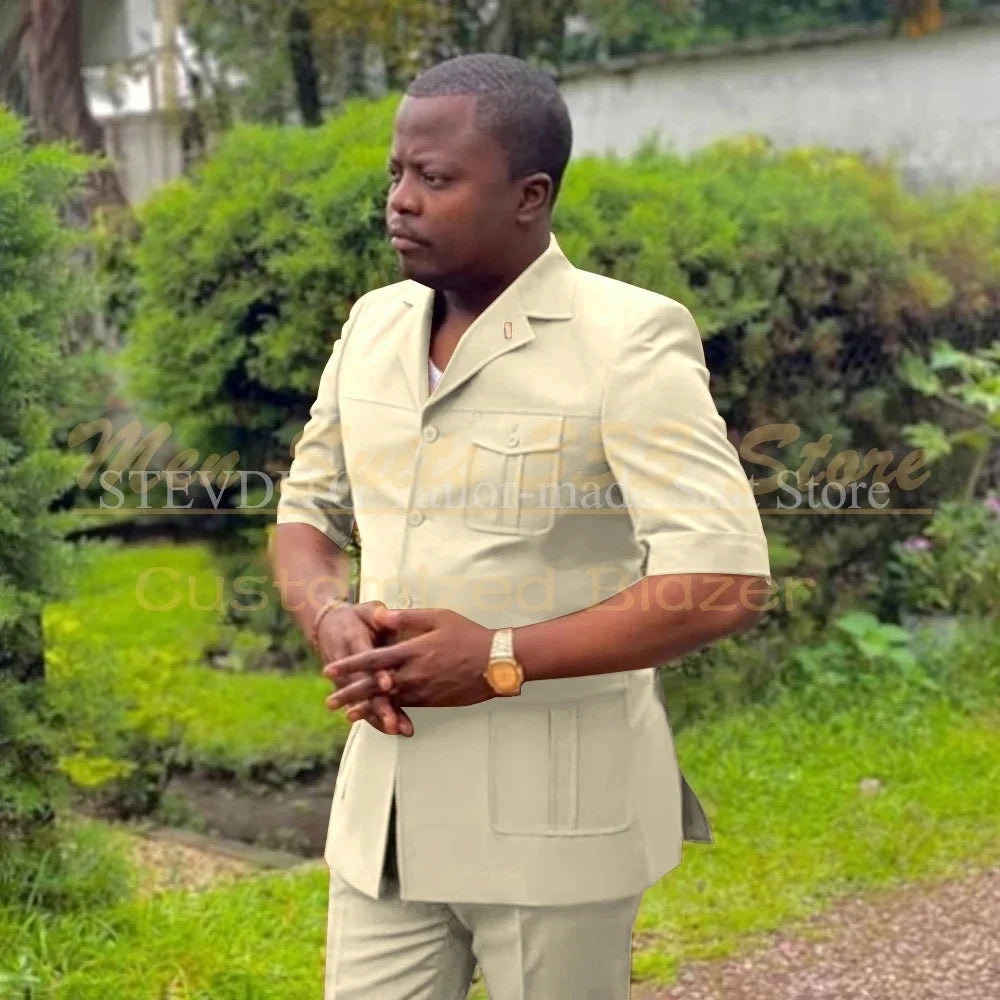 Safari Men Suits with Short Sleeve 2 Pieces Single Breasted Stand Notch Lapel African Fashion Style Set Jacket Pants