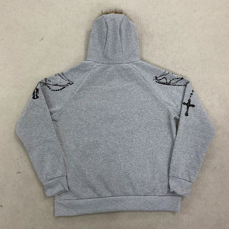 European And American High Street Printed Zipper Hoodie Loose Fit Sweatshirt