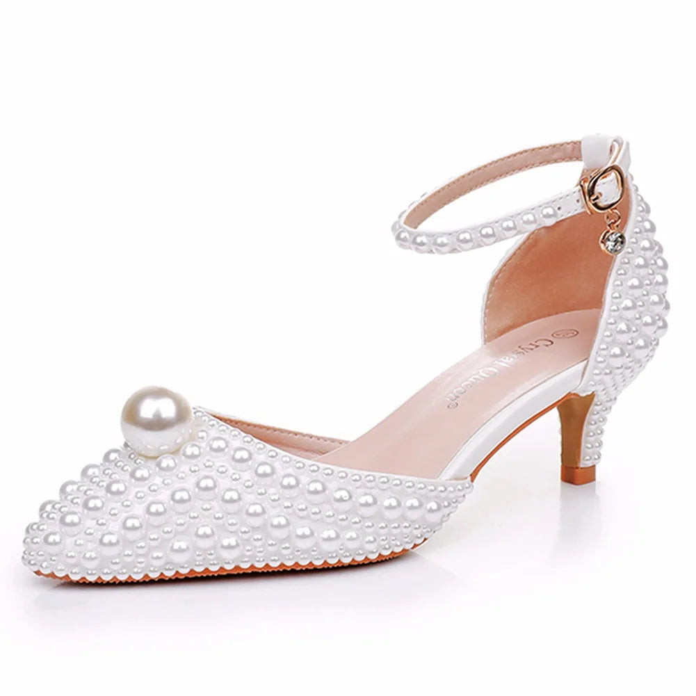 2025 New Large Pointed Womens Sandals Slim Heels Wedding Dress Beige Pearl Wedding Shoes Sandals Bridal High Heels Wedding Shoes