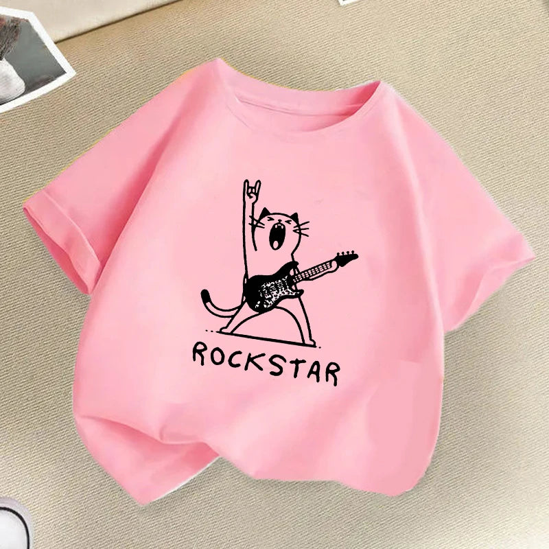 Funny Rock Star with Music Cat Children T-Shirts Summer Hip Hop Kids T-shirt Boys Girls Casual Fashion Colorful Top Tee Shirt