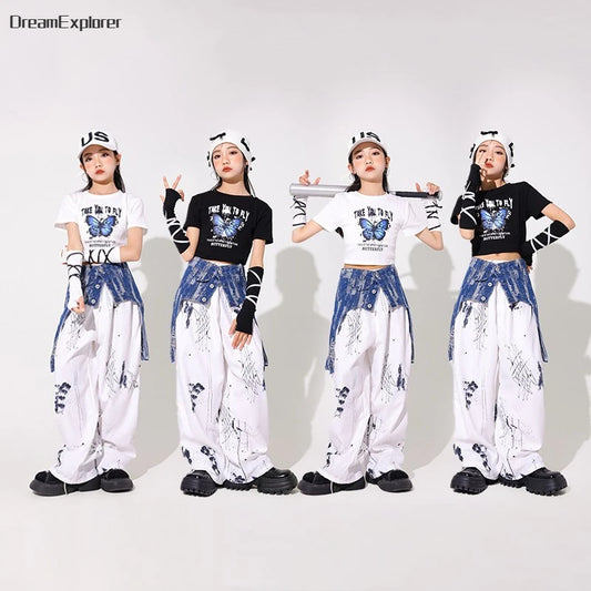 Girls Hip Hop Crop Top Oversleeve Cool Corset Joggers Pants Clothes Sets Children Streetwear Kids Jazz Street Dance Costumes