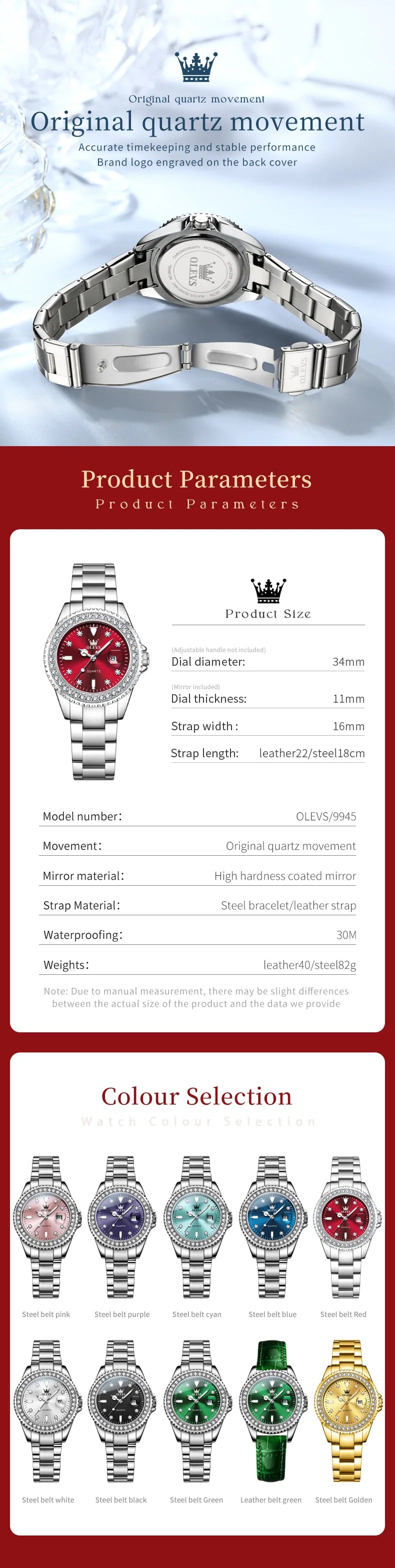 OLEVS New Elegant Women Wristwatch Waterproof Luminous Calendar Ladies Watch Stainless Steel Red Quartz Women's Watches Female