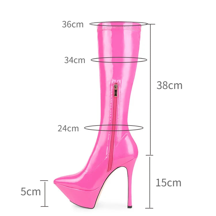 New Women Knee High Boots Patent Leather Pointed 15cm High Heels Winter Short Plush Waterproof Platform Girl Boots Large 34-45