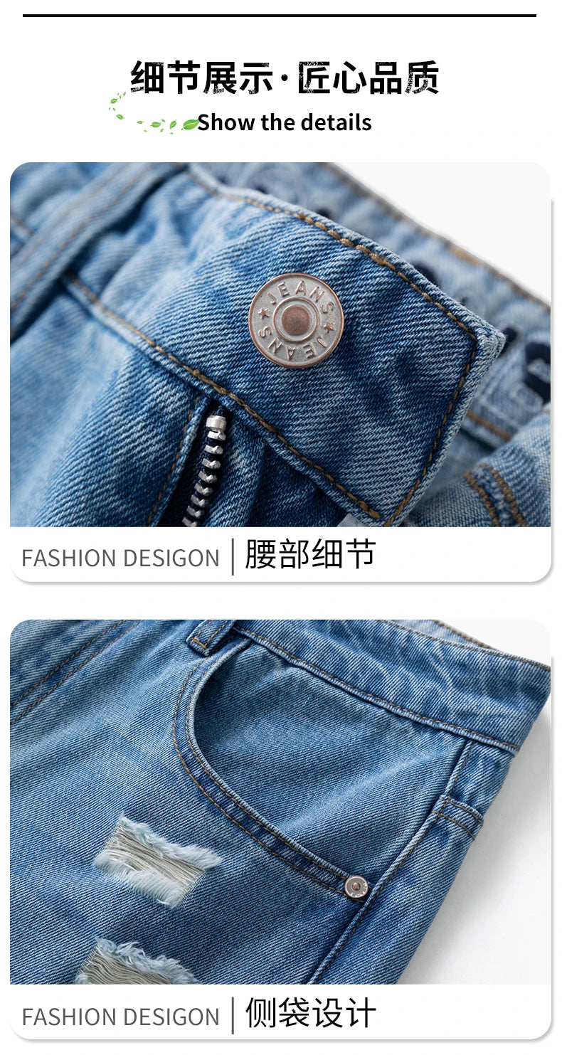 2026 Spring Summer Men's Ripped Jeans Cotton Trendy Straight Casual Denim Pants Trousers Outdoor Pastoral Outing