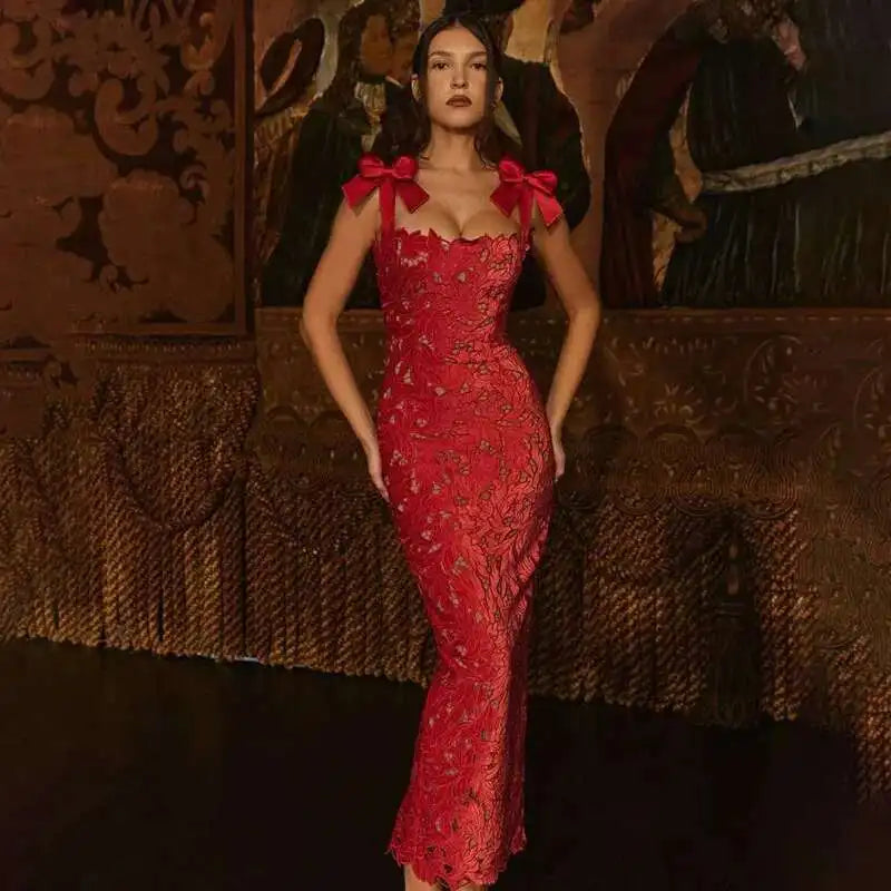Townlike Hollow Out Slim Bodycon Christmas Dress Women 2024 Summer Dress Bow Embroidery Maxi Long Sexy Party Dresses