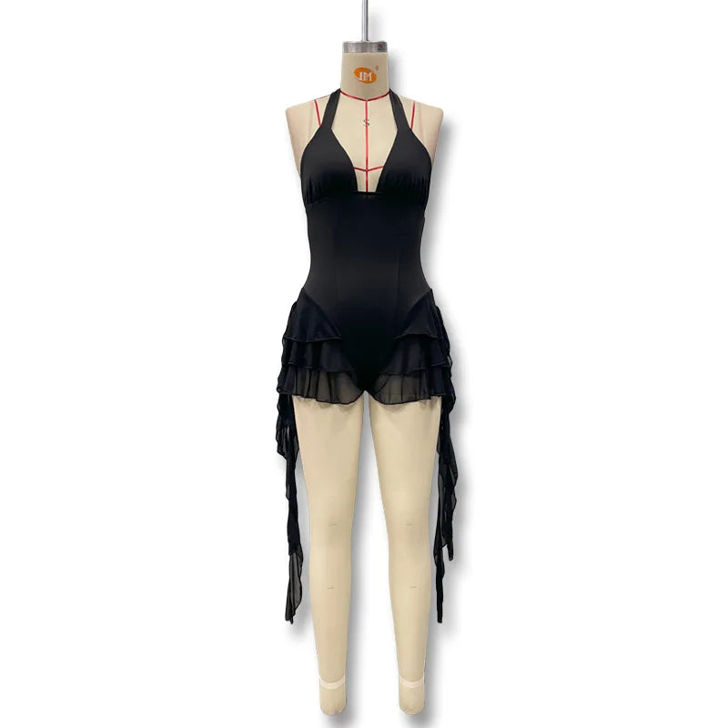 Summer Casual Street Style Solid Color Backless Sleeveless Sexy Hanging Neck Dress  V-neck Ribbon Women's Jumpsuit New
