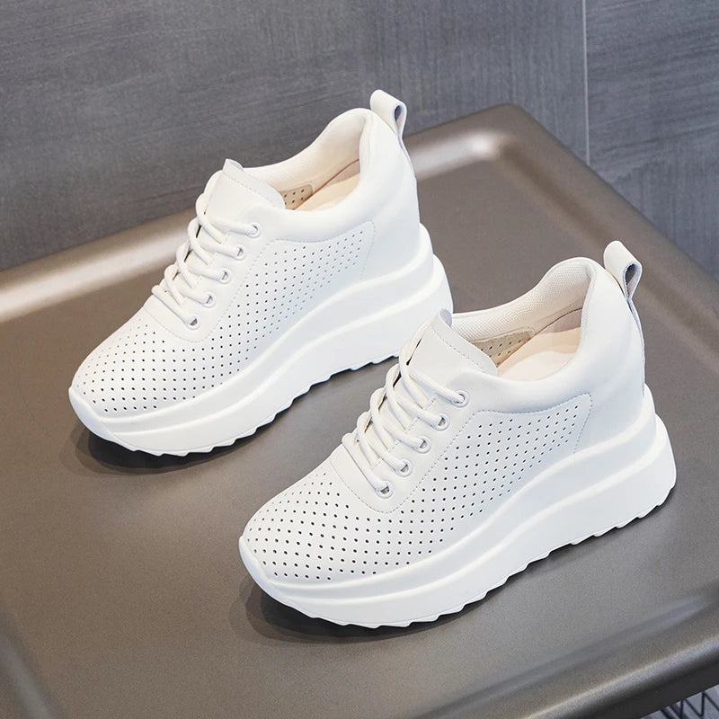 10cm Genuine Leather Women Vulcanize Women Summer Hidden High Heels Platform Wedge Spring Autumn Chunky Sneakers Shoes