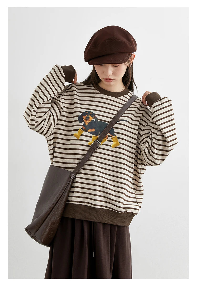 CHIC VEN New Women T-Shirts Loose Casual Round Neck Striped Dog Print Long Sleeved Female Tees Pullover Autumn Winter 2025