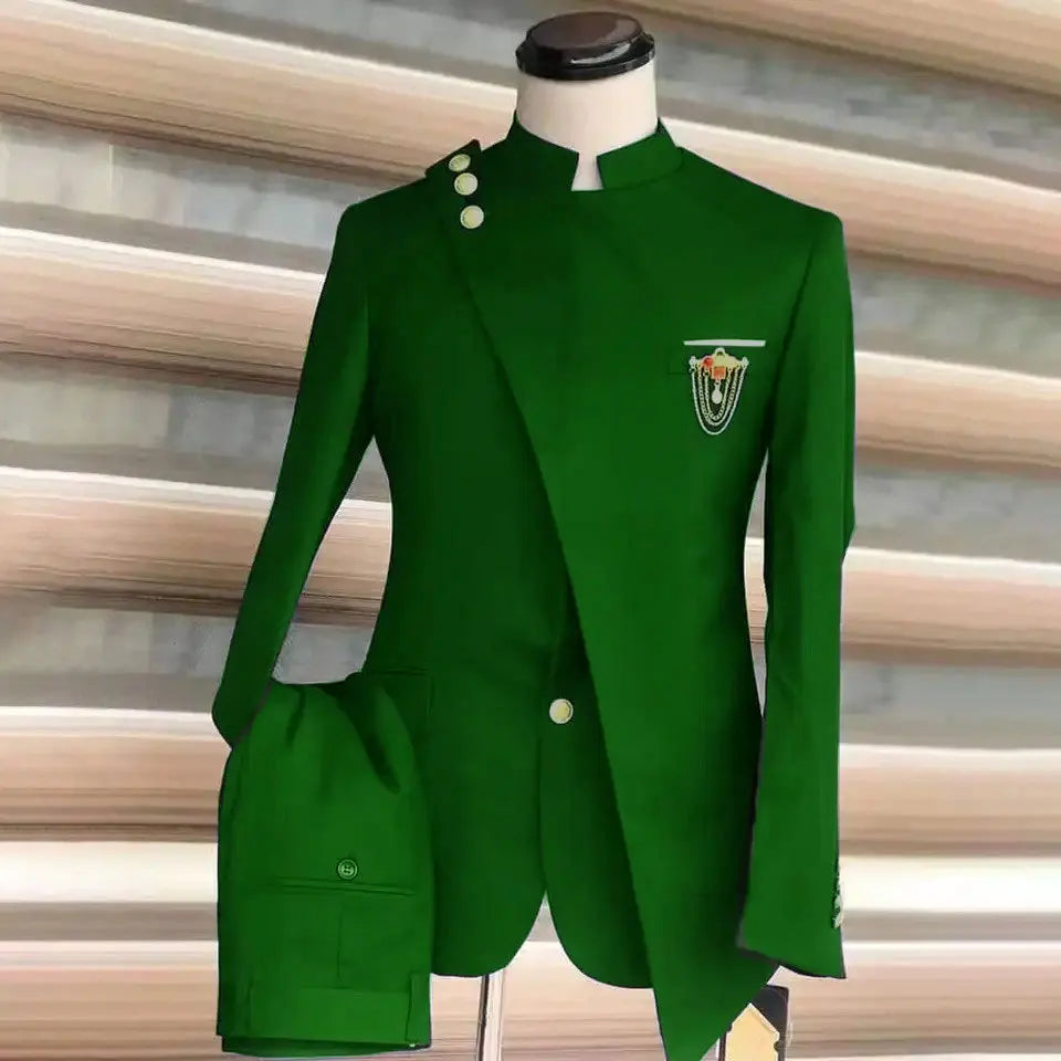 Men Blazer Suits 2 Piece Set Party Coat Straight Pants Ensemble Stand Collar Buttons Trousers Suit Jacket Outfits Autumn 2025