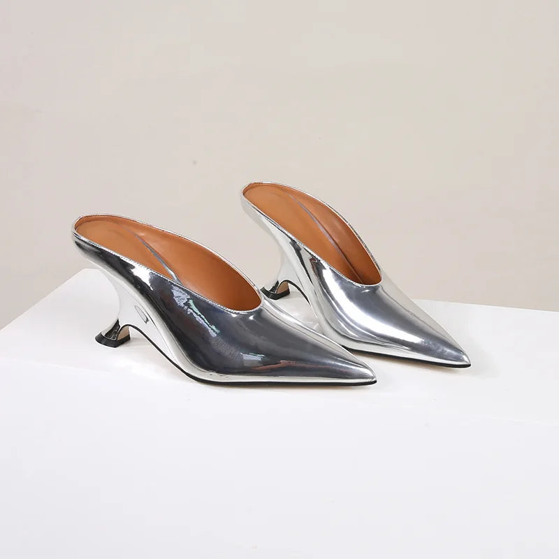Pointed Toe Women Slippers Shoes Designer Shallow Wedges 9cm High Heels Banquet Mule Zapatos De Mujer
