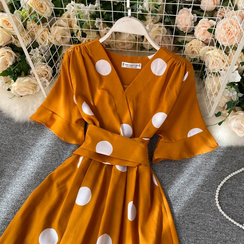 YuooMuoo Chic Polka Dot Print Women Dress Summer Vintage Swing Midi Party Dress