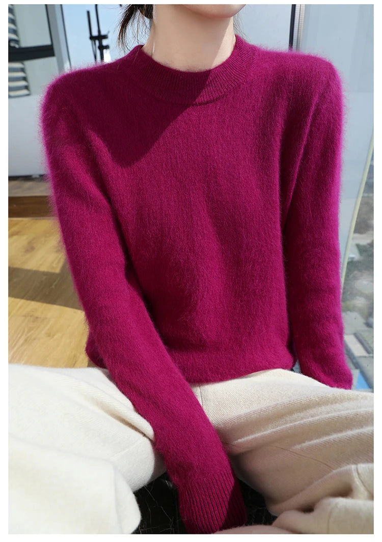 Autumn and winter women's semi high neck pullover sweater solid color knitted slim fit women's 100 mink cashmere sweater new sty