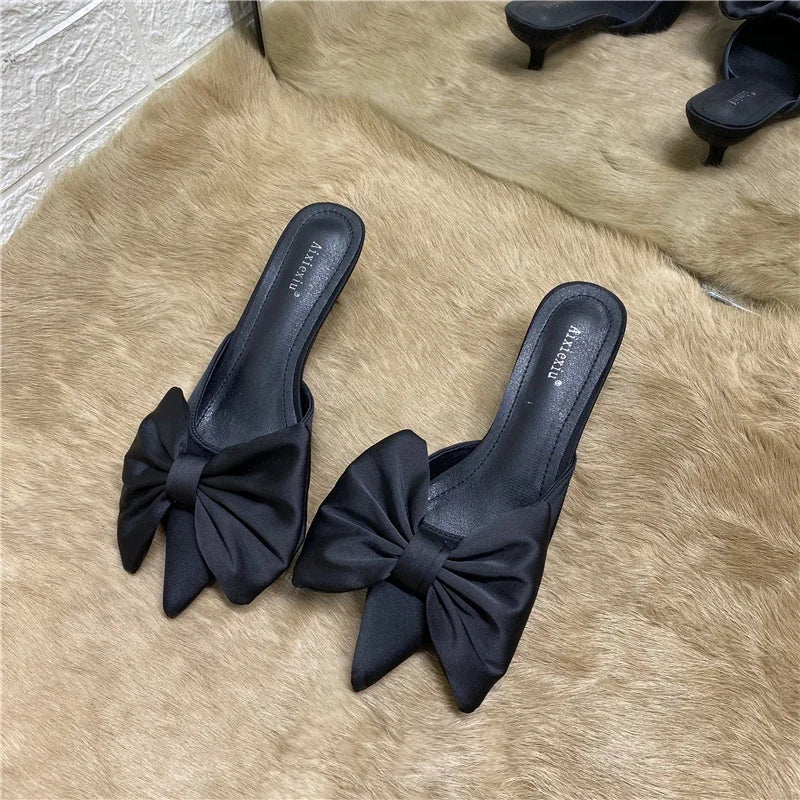 2024 Spring Pointed Toe Stiletto Heel Kitten Heels Bow Heel-Free Slippers for Women