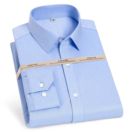 Men's Long Sleeve Solid/Stripe Dress Shirt Non-Iron Formal Business Social Button-up Easy Care Luxury Cotton Shirts White Blue