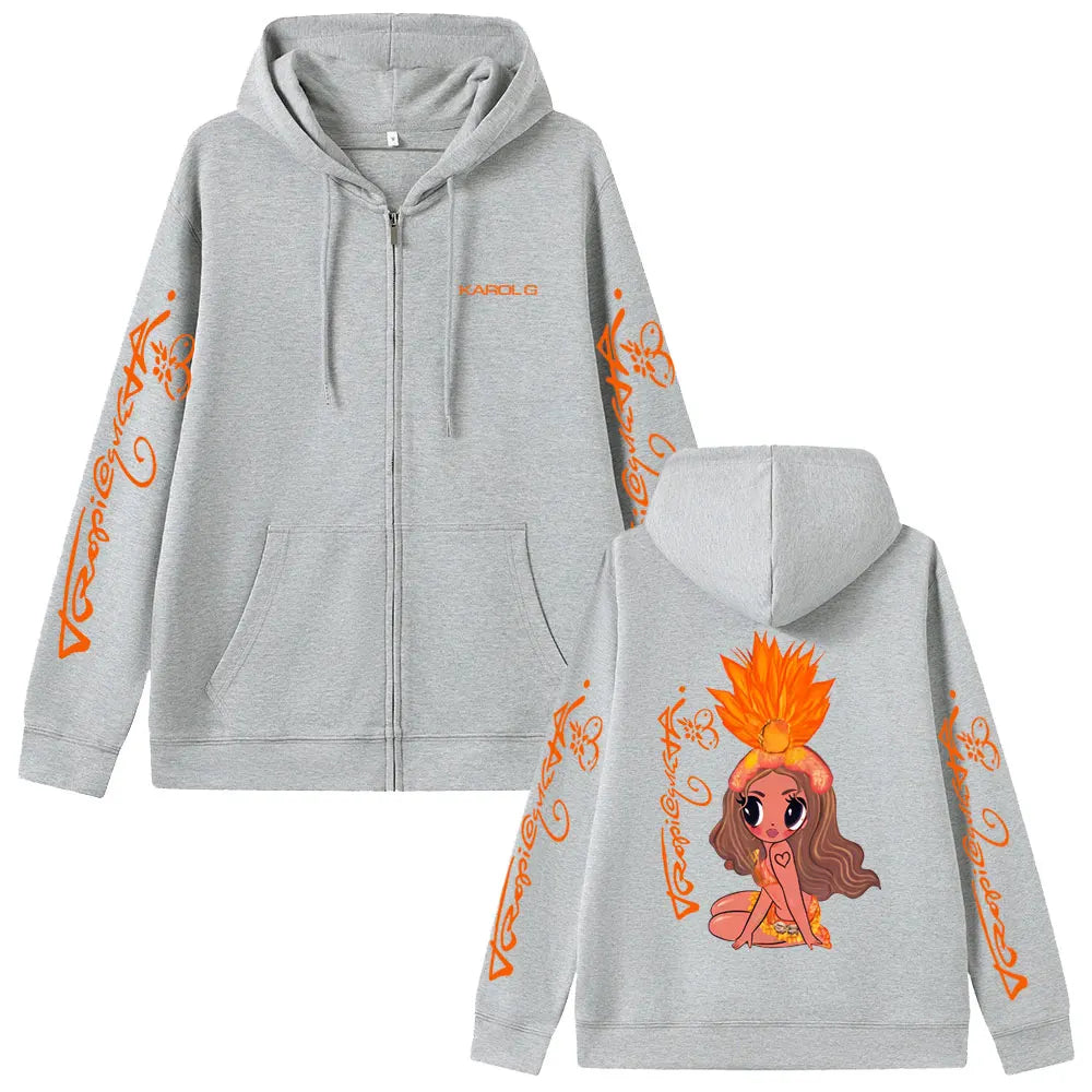 Karol G Tropicoqueta 2025 Zipper Hoodie Men Women Fashion Pop Music Zip Up Jacket Coat Unisex Casual Oversized Zip Up Sweatshirt