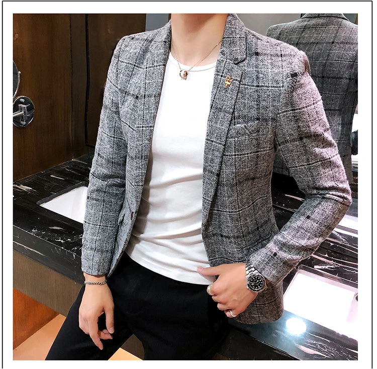 Spring and Autumn New Boutique Japanese Style Print Stand Collar Mens Casual Jacket Slim Male Coat Male Plaid Suit Jacket Blazer