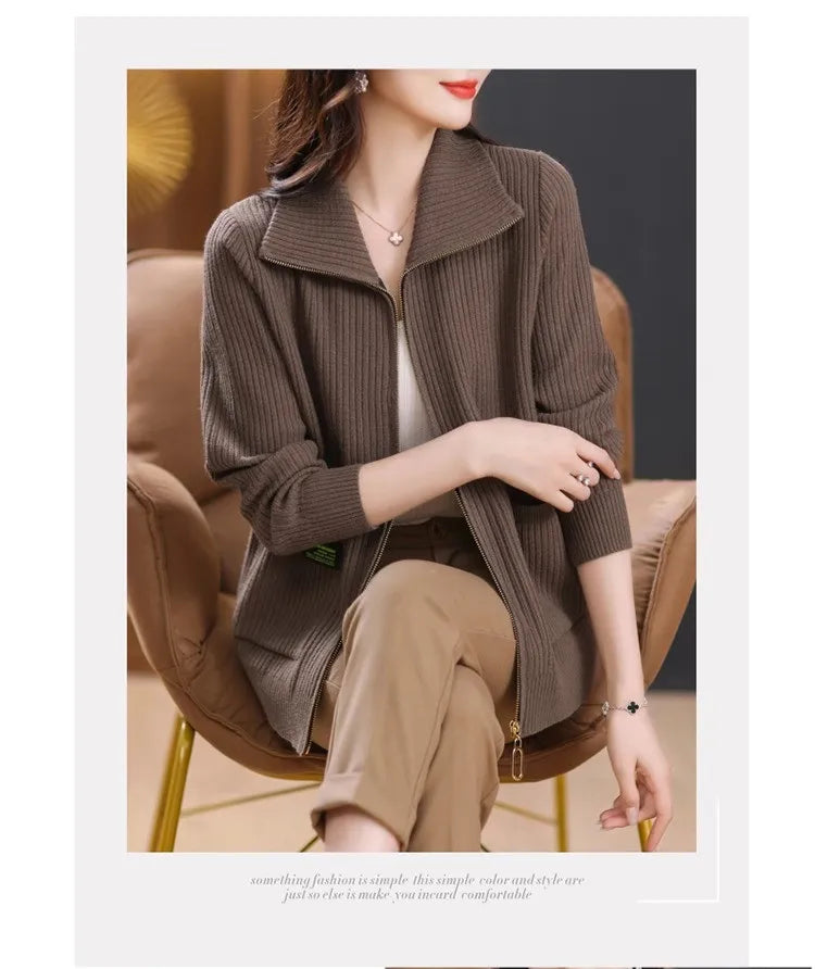 Knitted Cardigan Jacket Women Zipper Lapel Sweater Autumn Winter Outerwear