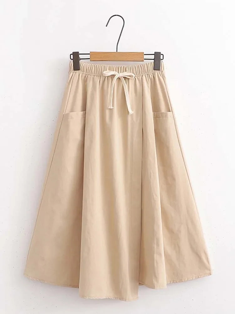 Elegant Vintage Women Skirt Summer Korean Style Solid Elastic High Waist Midi Long Skirt With Belt Female Office Ladies Wear