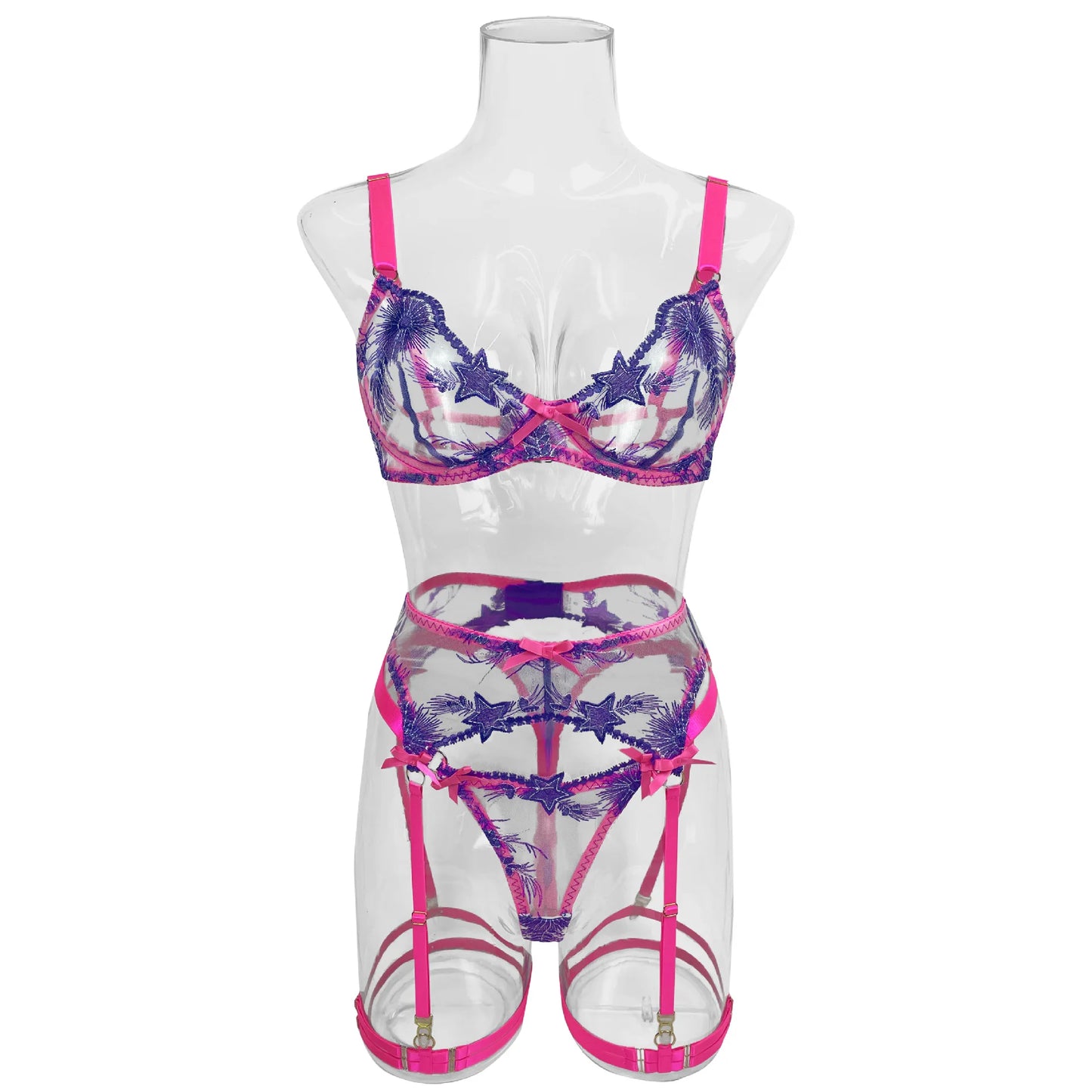 Women's Sexy Lingerie Set Pink Sheer Lace Underwear Set Floral Embroidery Garter Belt Fairy Outfit Sensual See-Through 3-Piece