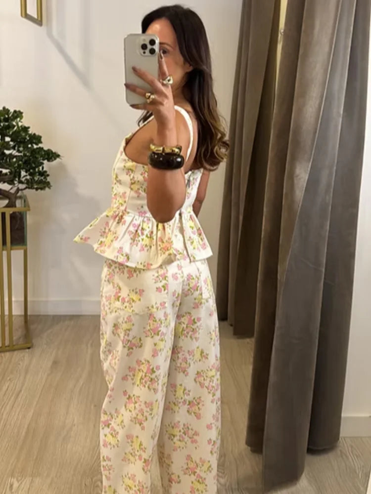 Floral Printed Women Long Pants Set Elegant Sleeveless Backless Vest Wide Leg Trousers Chic Holiday Vacation Lady Summer Outfits