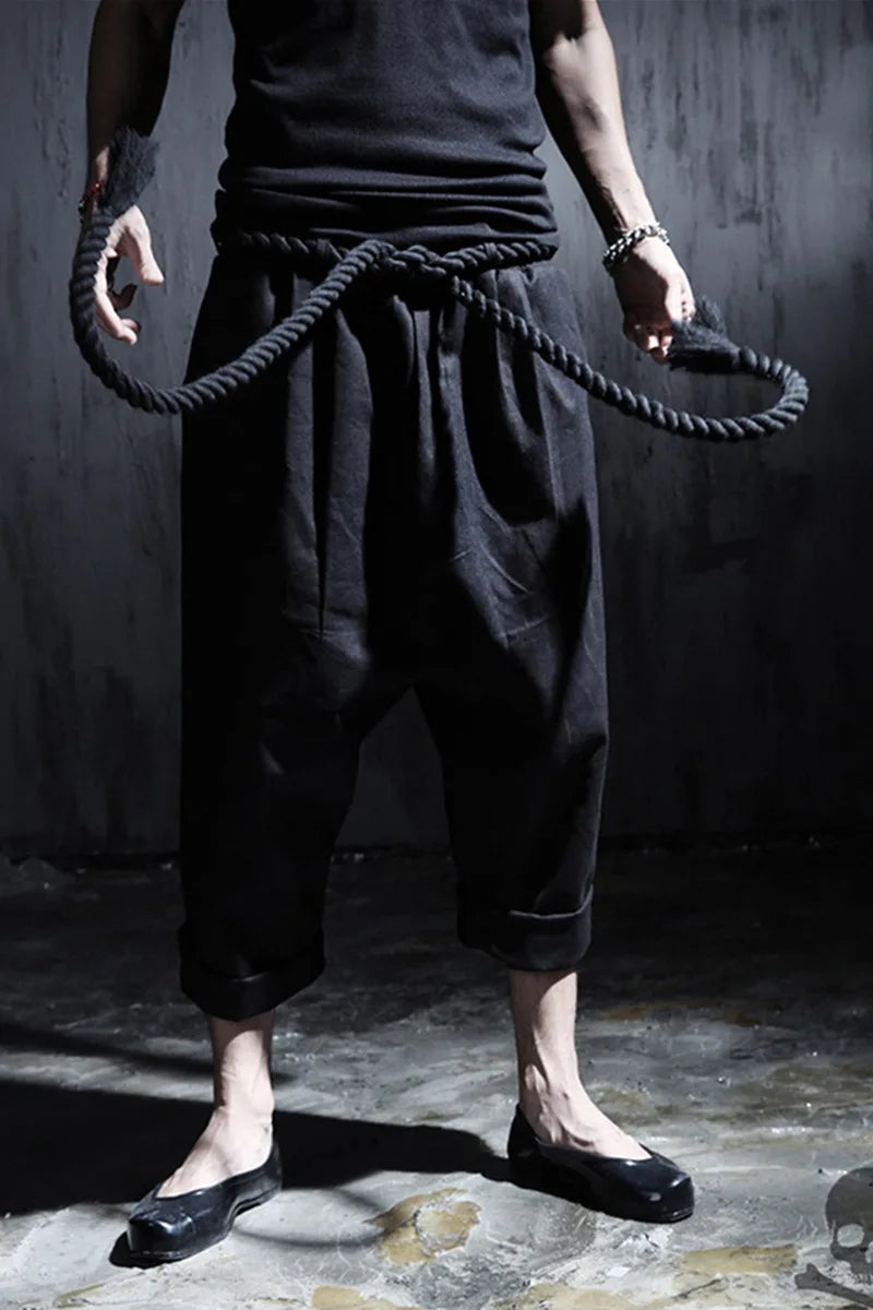 Men's Summer Black Linen Harem Pants Nightclub Stage Baggy Trousers With Rope Belt Mens Gothic Punk Hip Hop Joggers Street Wear