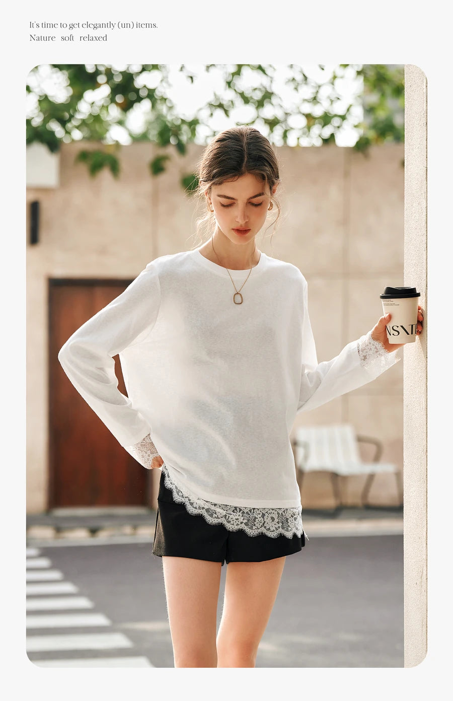 OLrain Cotton White T-shirt Women 2026 Autumn Casual Loose Tee Shirt Crewneck Lace Long Sleeve Tops Woman Clothing N57CT95669