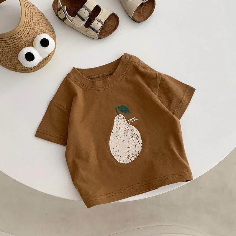 Fashion Baby Fruit Printed Short Sleeve Top Kids Girls Casual Cotton T-shirt Korean Boys' Round Neck Versatile Clothes