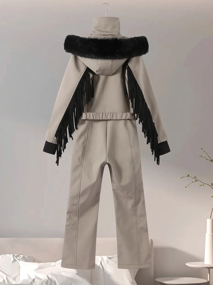 Women  Fur Collar Hooded Skiwear Fashion Solid Thicken Zipper High Waist Slim Outdoor Overalls Jumpsuit  Lady Winter Outwear
