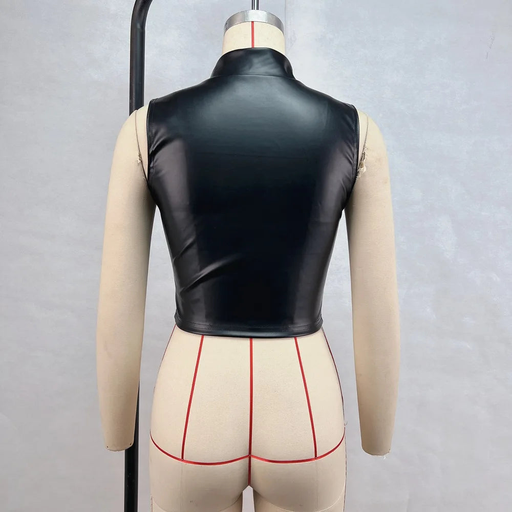 European and American style 2025 autumn new women's clothing fashion stand-up collar sexy backless slim PU small vest women