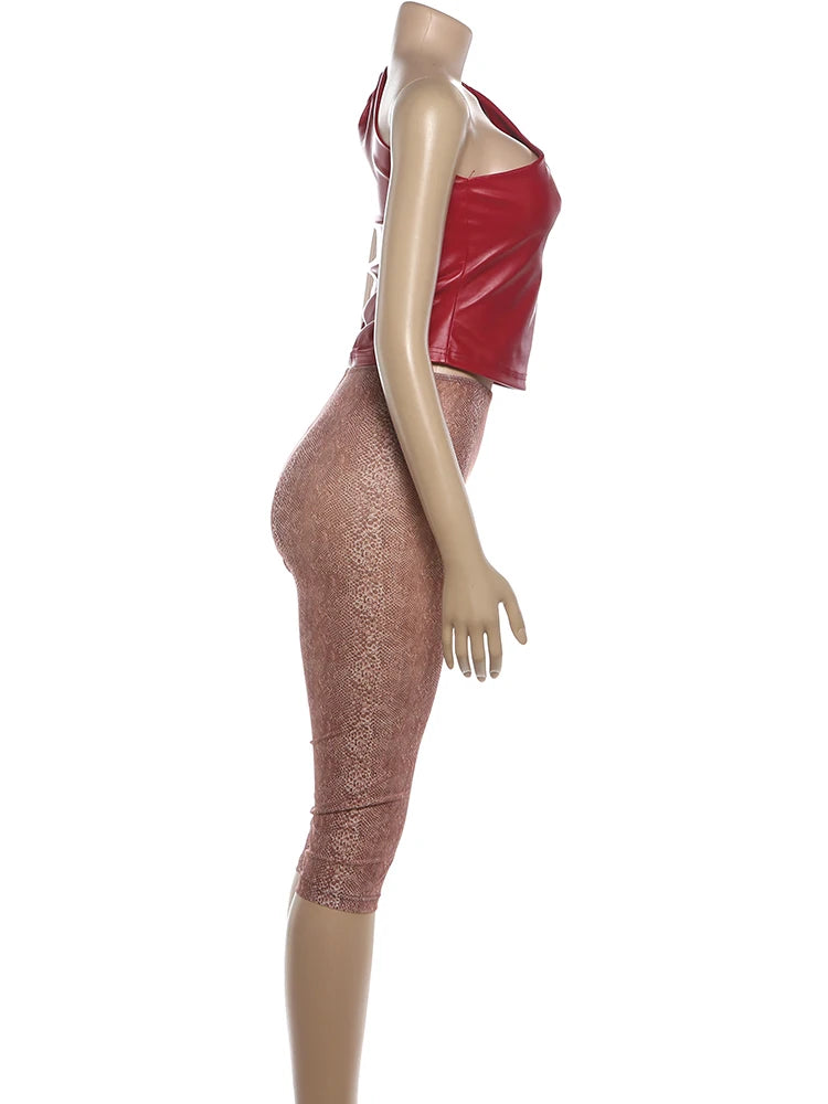 Sisterlinda Summer Hipster 2-Piece Set Women Slanted Shoulder Pu Tank Top+Calf Shorts Matching Stretch Skinny Clubwear Outfits