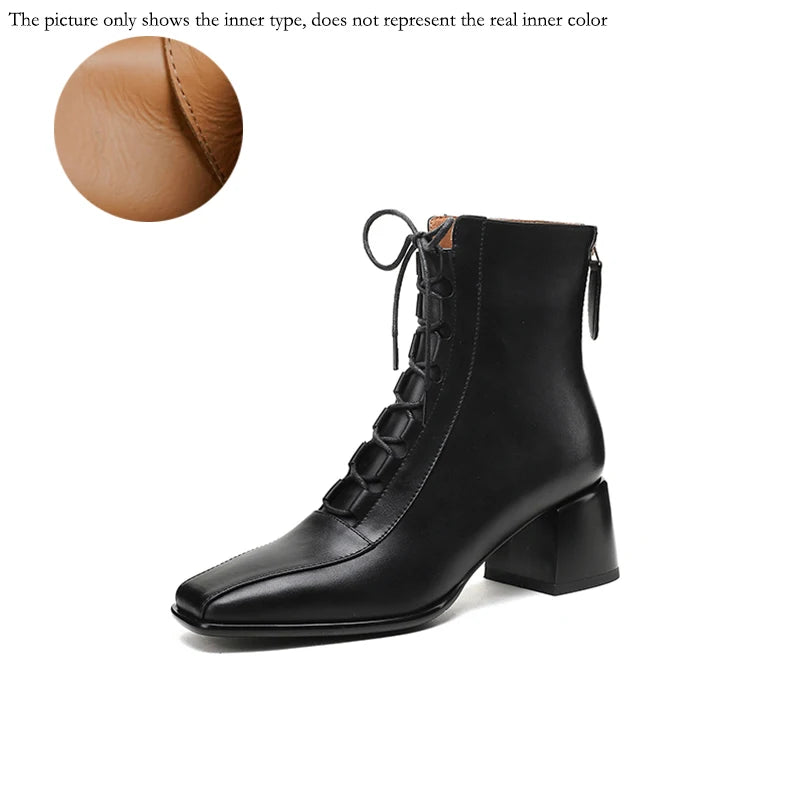 2026 Fashion Women Shoes Split Leather Short Boots Square Toe Chunky Boots Winter Shoes Women Solid High Heel Boots for Women