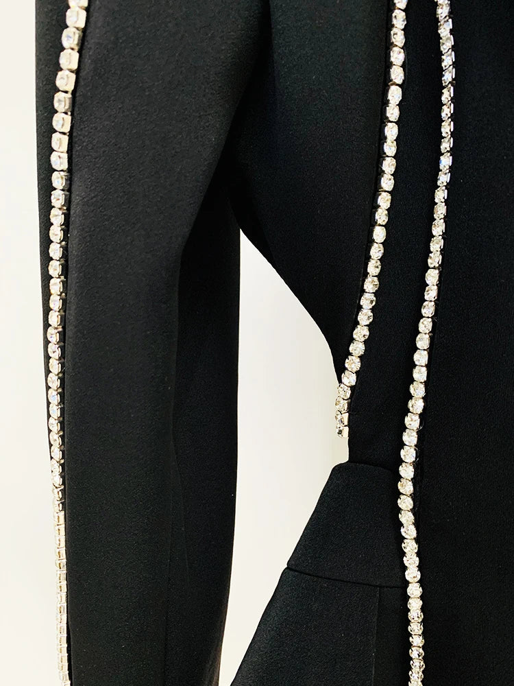 HIGH STREET Newest Fashion 2026 Designer Suit Set Women's Single Button Hollow Out Diamonds Beaded Blazer Flare Pants Set
