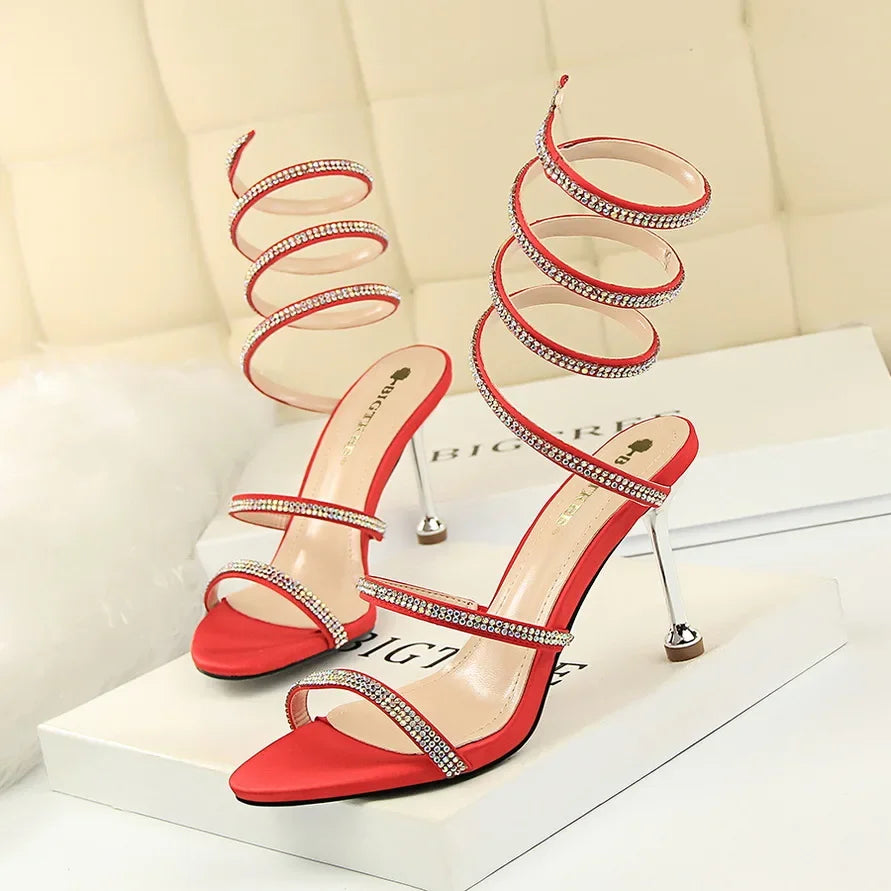 Summer Women 8.5cm High Heels Nightclub Silk Rhinestone Sandals Crystal Ankle Cross Strap Sandles Sexy Strange Gladiator Shoes