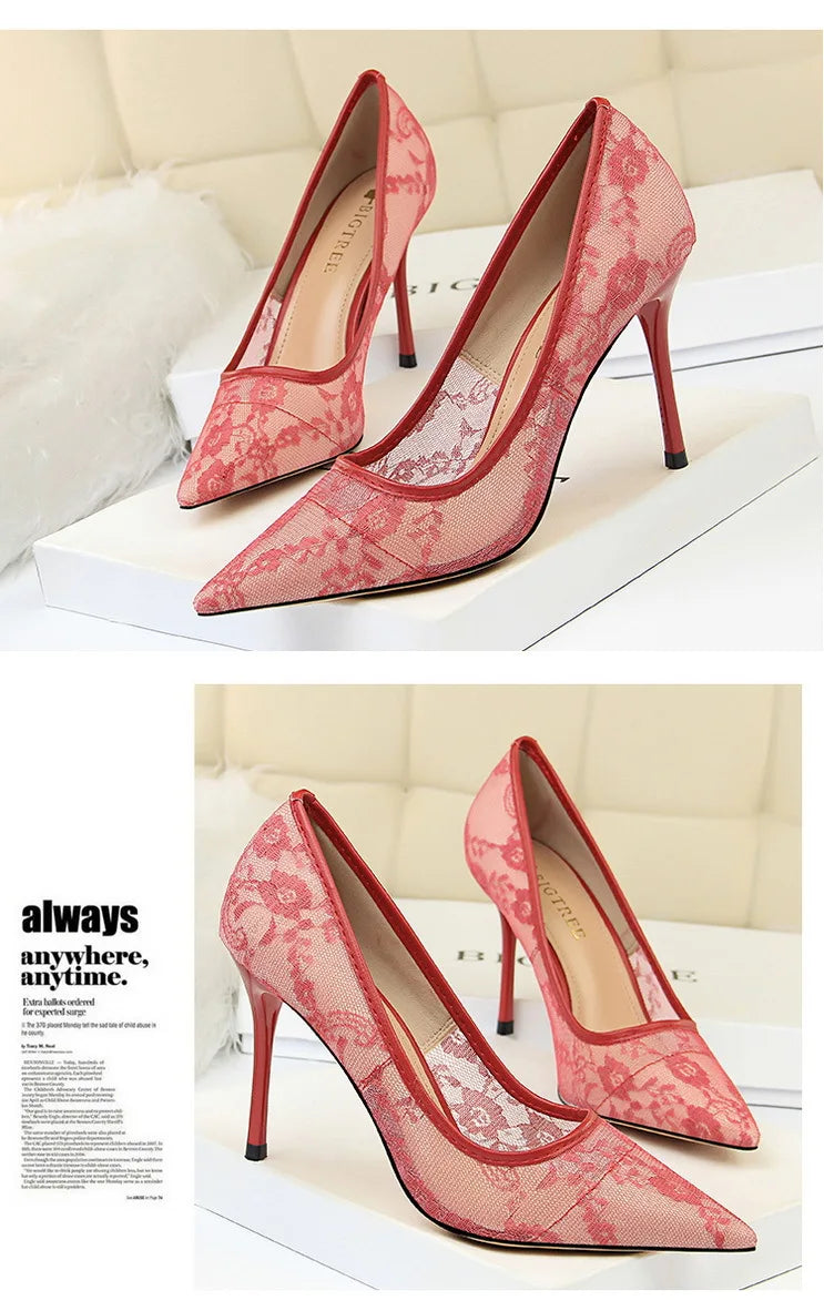 Women Fashion Sexy Pumps High Heels Shoes Female Sexy Wedding Shoes Ladies Stiletto Women New Pointed Toe Mesh Hollow Lace Heels