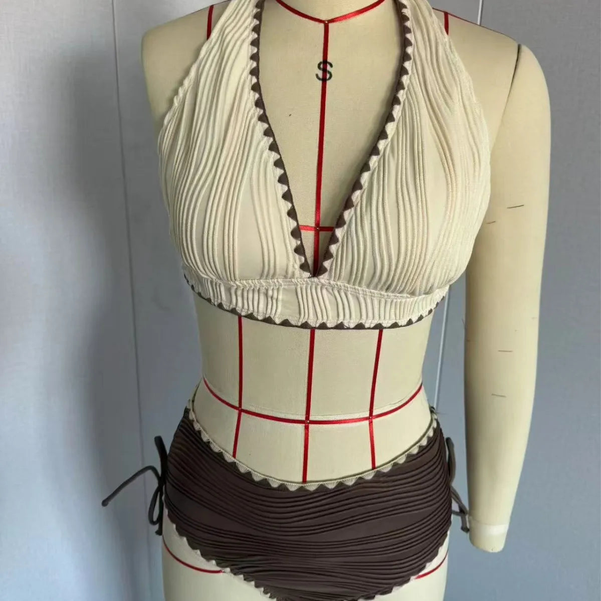 High Waist Bikini Set Swimsuit for Women Lacework Swimwear Halter V Neck Summer Beach Wear Sexy Ribbed Bathing Suit