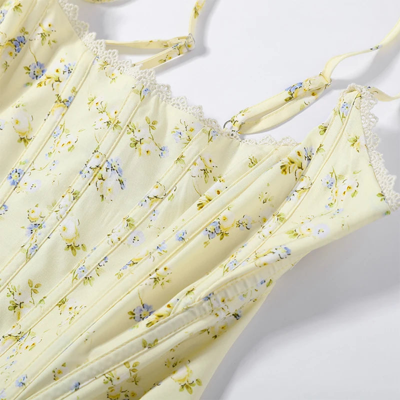 Floral Printed Fish-bone Tank Tops Women's Slim Sleeveless Back Lace-up Waist-cinching Blouses 2026 New Ladies Summer Outfit
