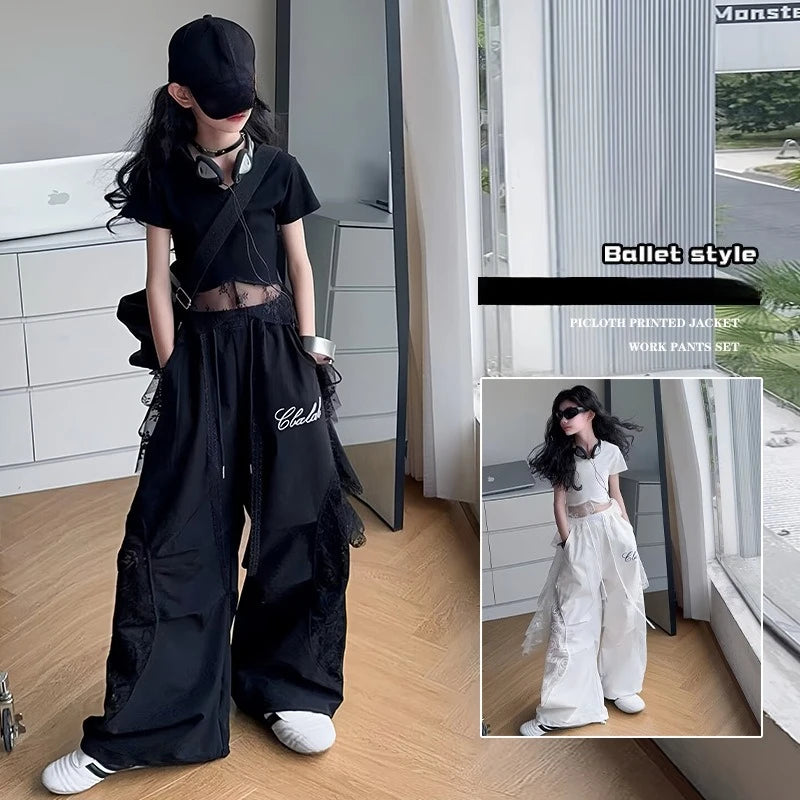 4-14 girls Hip Hop Jazz Street Dance clothes Set Child Summer Clothing Lace patchwork T-shirt+work pants 2pcs kids outfits suit