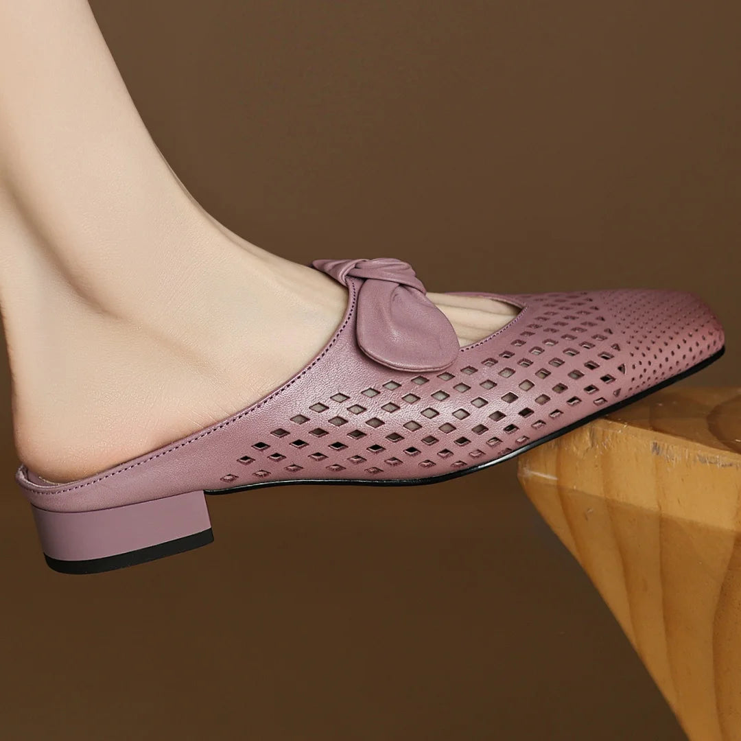 2025 Summer new plus size 34-41 women's hollow-out cow leather slip-on flats summer slides sandals sweet bowtie elegant mules